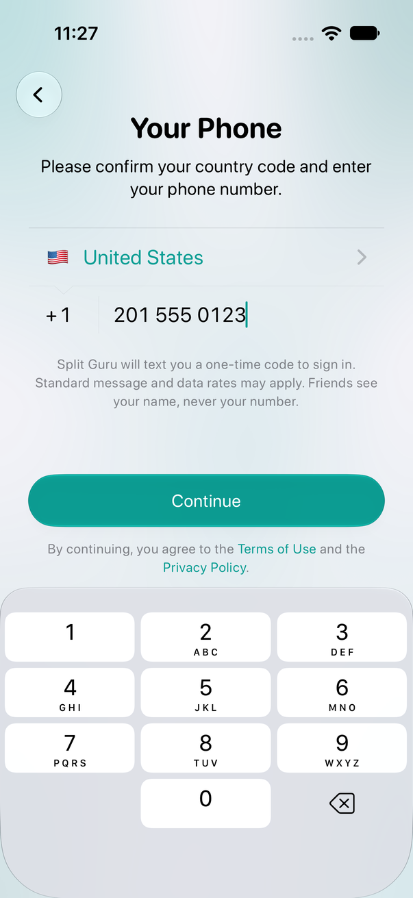 The Your Phone screen in the Split Guru app: the country, the phone number field, the note that Split Guru will text a one-time code and that standard message and data rates may apply, the Continue button and the line that continuing accepts the Terms of Use and the Privacy Policy.
